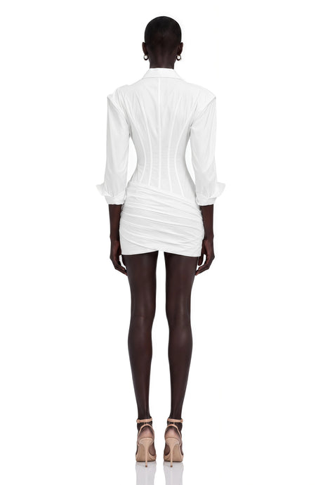 Riccarda Dress White Cinched-Waist Pleated Mini Shirt