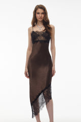 Orli Brown Satin Maxi Dress with Lace Panels