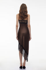 Orli Brown Satin Maxi Dress with Lace Panels