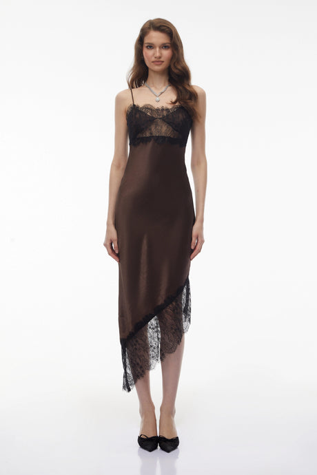 Rose Maxi Dress Brown Satin with Lace Panels