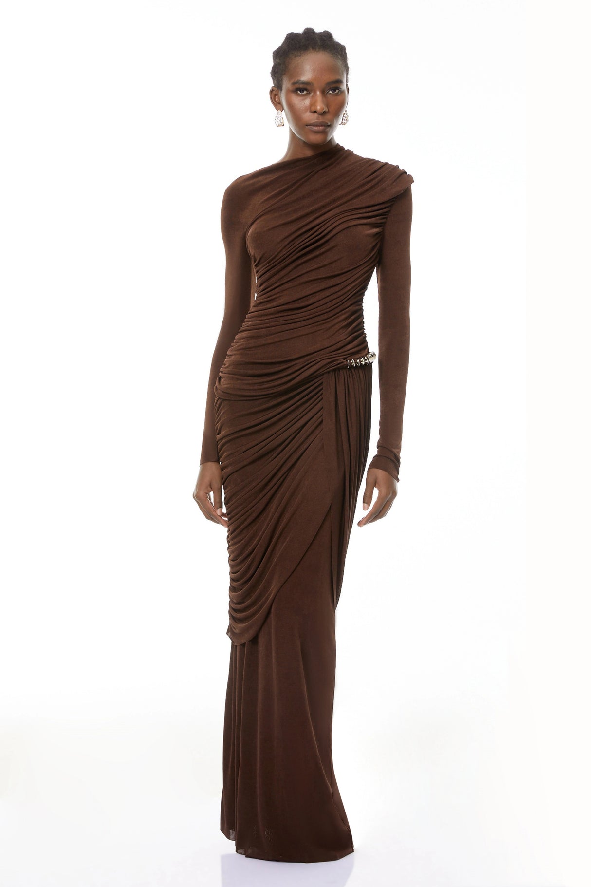 Ortensia Brown Embellished Ruched Maxi Dress