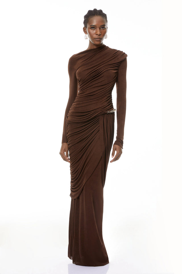 Ortensia Brown Embellished Ruched Maxi Dress