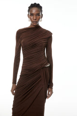 Ortensia Brown Embellished Ruched Maxi Dress