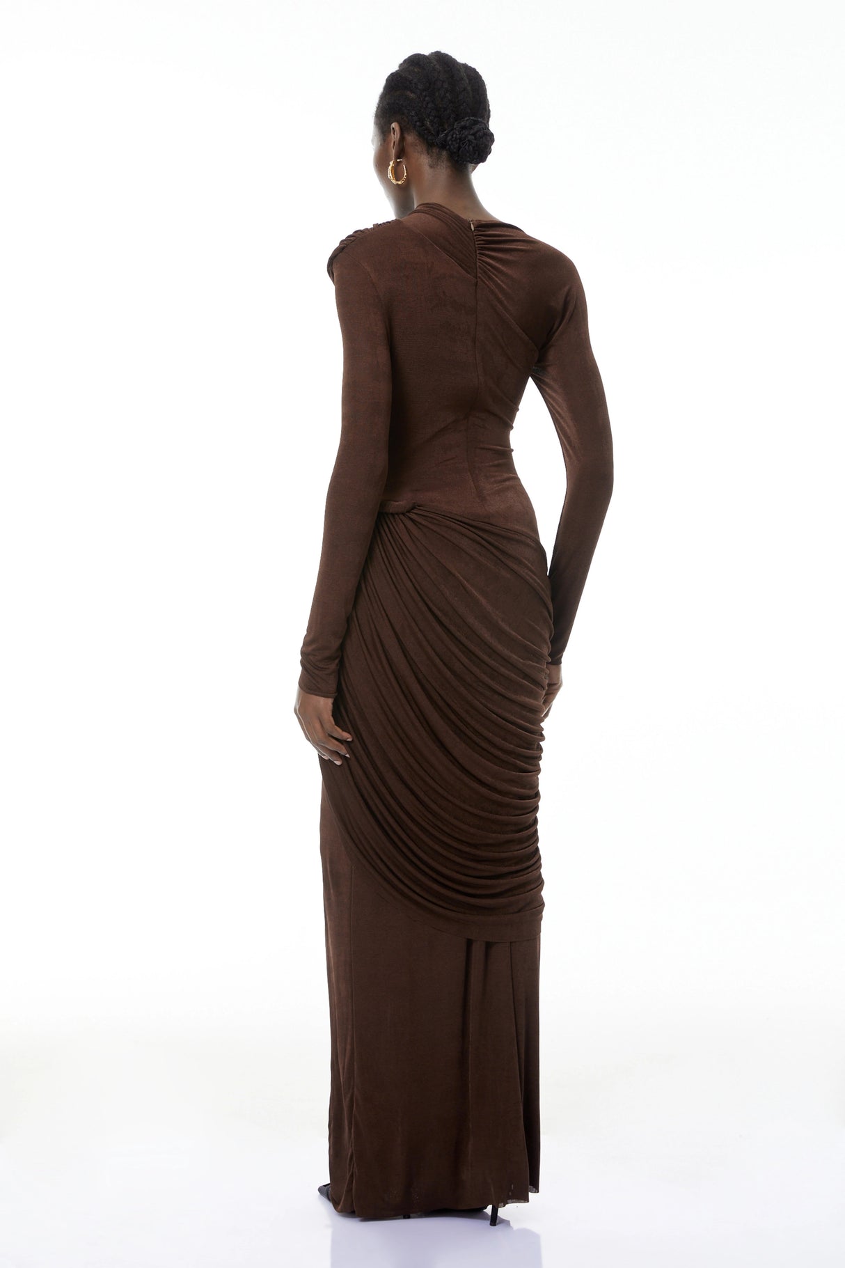 Ortensia Brown Embellished Ruched Maxi Dress