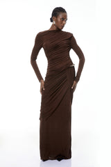 Ortensia Brown Embellished Ruched Maxi Dress