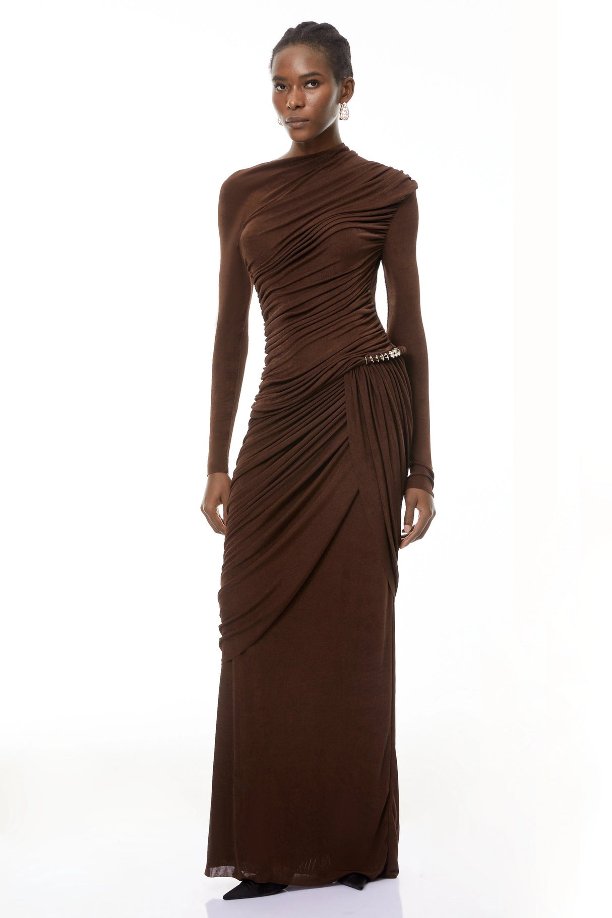 Ortensia Brown Embellished Ruched Maxi Dress