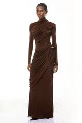 Ortensia Brown Embellished Ruched Maxi Dress