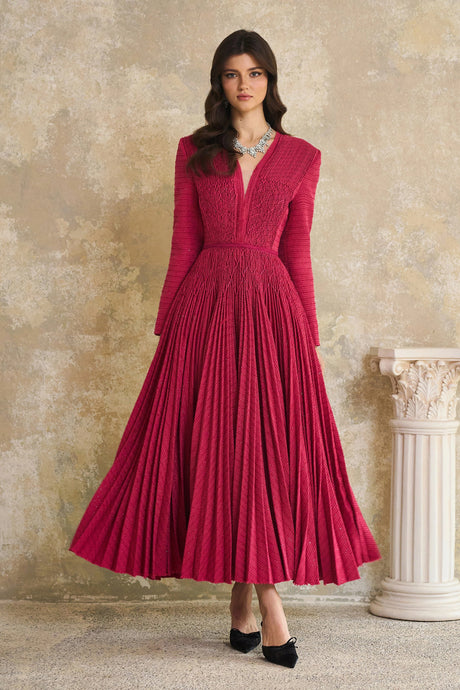 Vada Midi Dress Red Braided Pleated Tweed