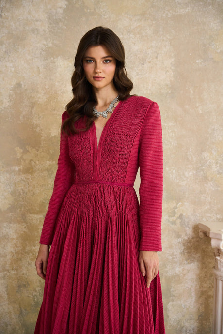 Vada Midi Dress Red Braided Pleated Tweed