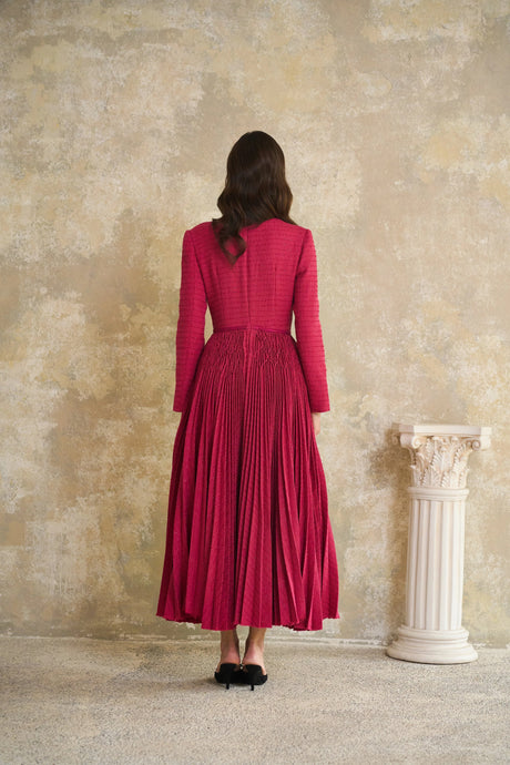 Vada Midi Dress Red Braided Pleated Tweed