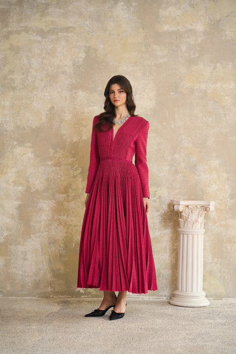 Vada Midi Dress Red Braided Pleated Tweed