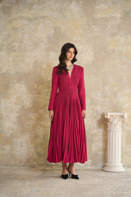 Vada Midi Dress Red Braided Pleated Tweed