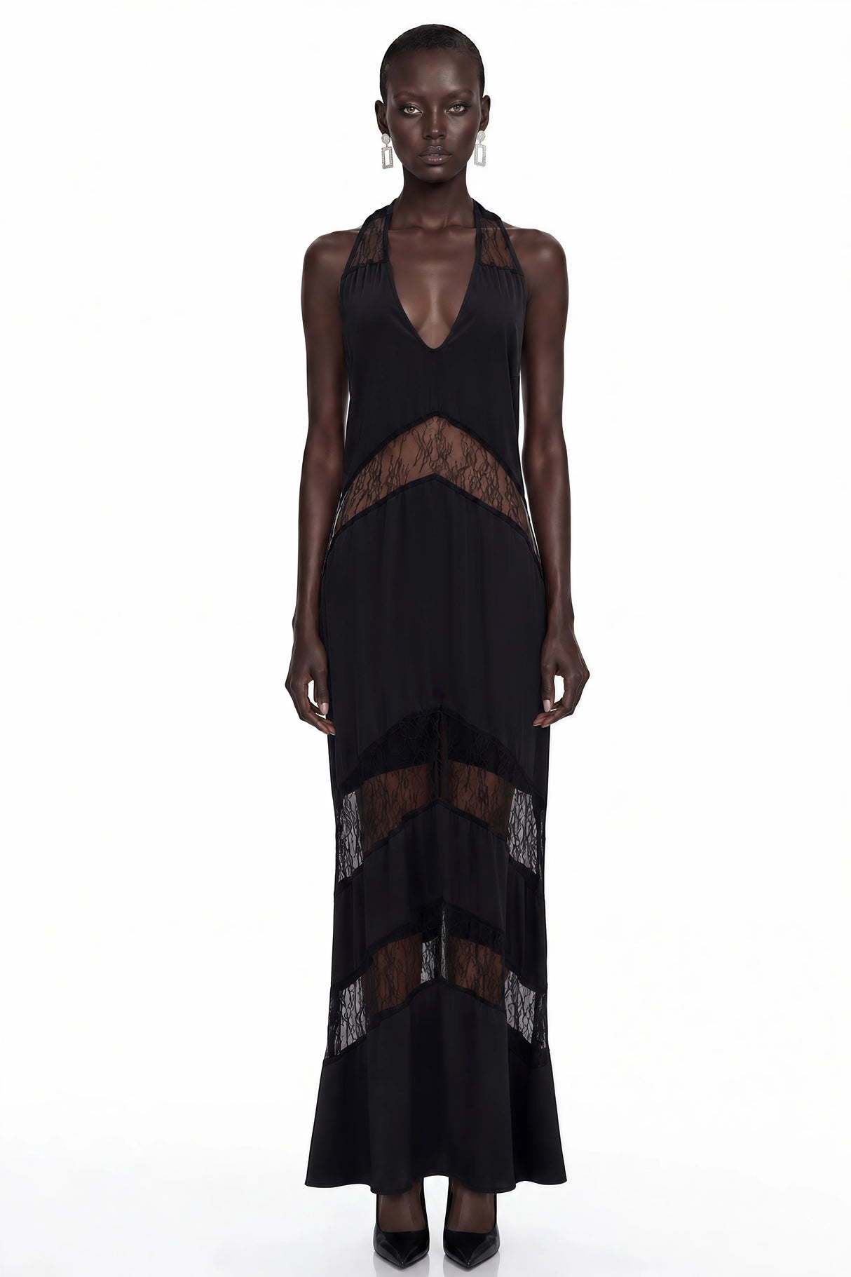Otago Black Halterneck Maxi Dress with Lace Panels