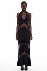 Otago Black Halterneck Maxi Dress with Lace Panels