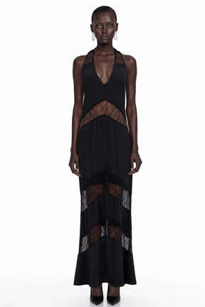 Otago Black Halterneck Maxi Dress with Lace Panels