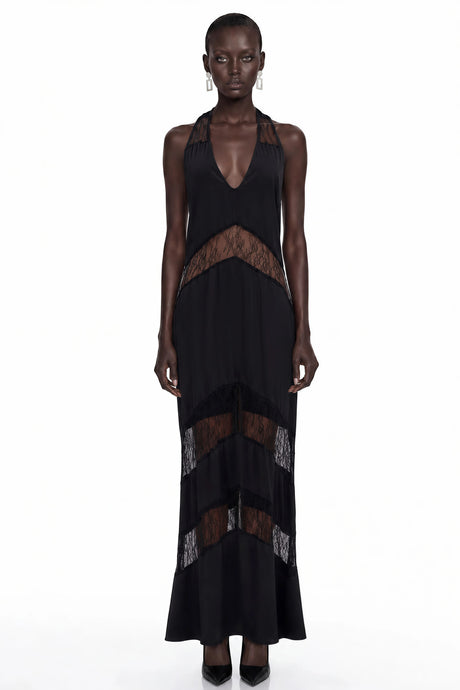 Cosima Maxi Dress Black Halterneck with Lace Panels