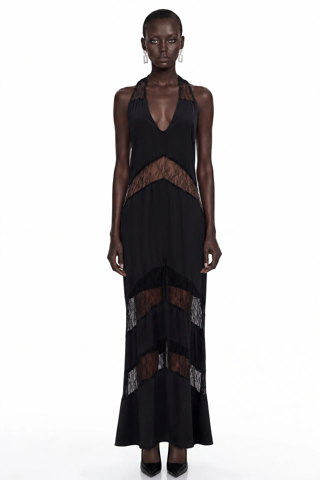 Otago Black Halterneck Maxi Dress with Lace Panels
