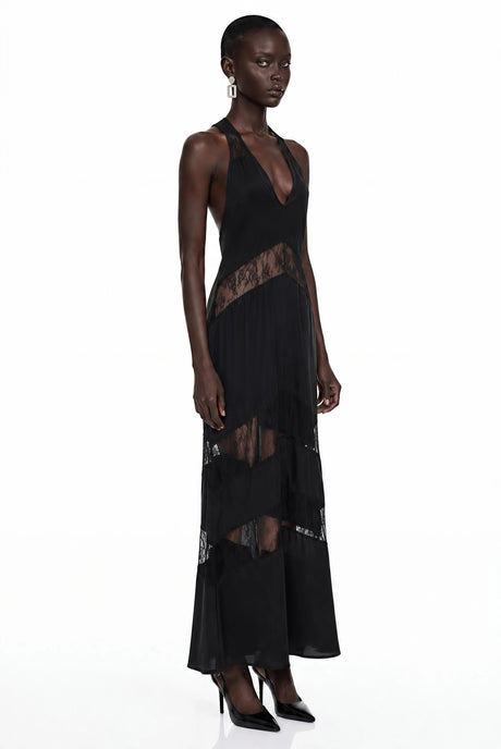Cosima Maxi Dress Black Halterneck with Lace Panels