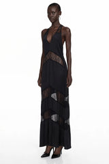Otago Black Halterneck Maxi Dress with Lace Panels