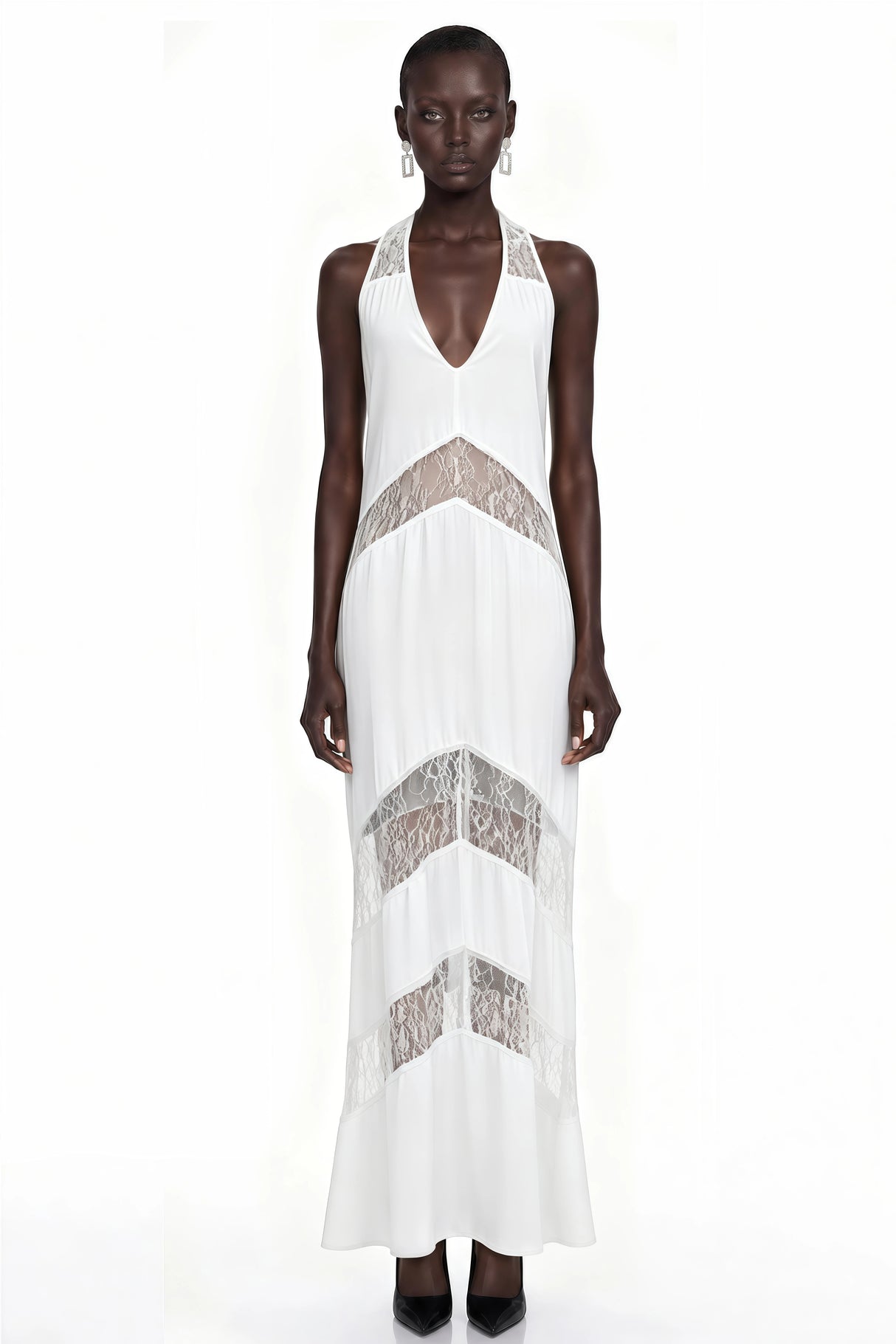 Otago White Halterneck Maxi Dress with Lace Panels