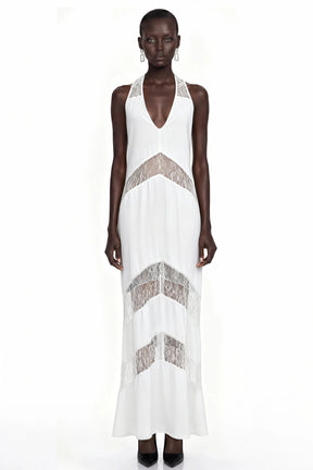 Otago White Halterneck Maxi Dress with Lace Panels
