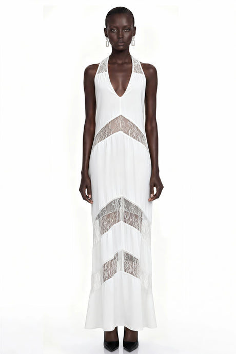 Shayla Maxi Dress White Halterneck with Lace Panels