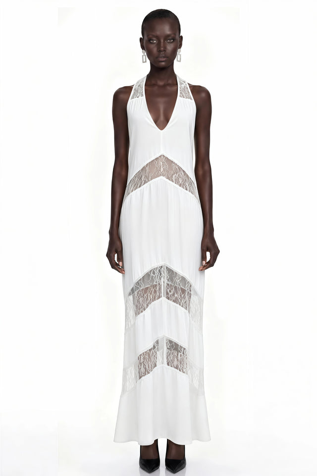 Otago White Halterneck Maxi Dress with Lace Panels