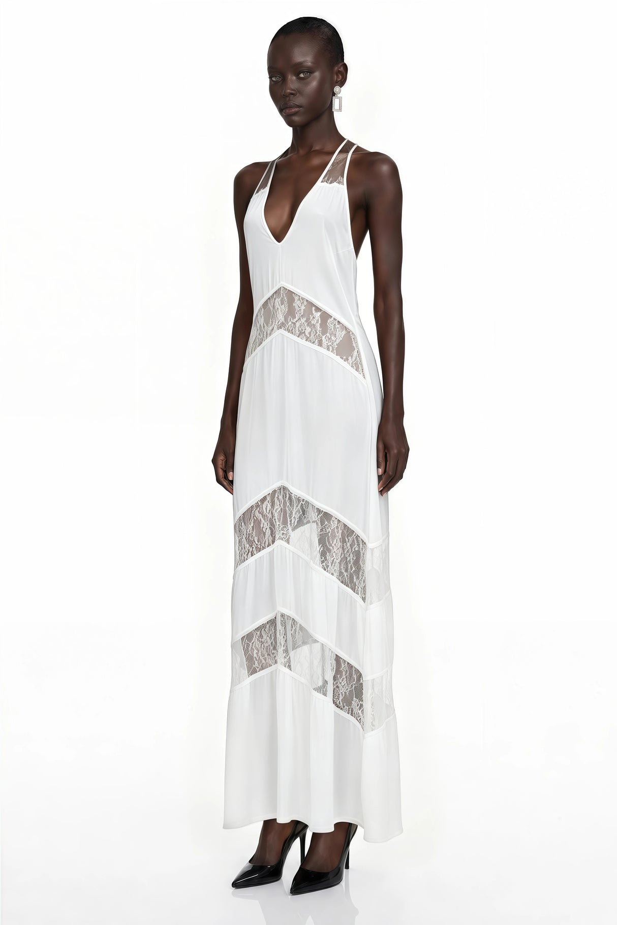 Otago White Halterneck Maxi Dress with Lace Panels
