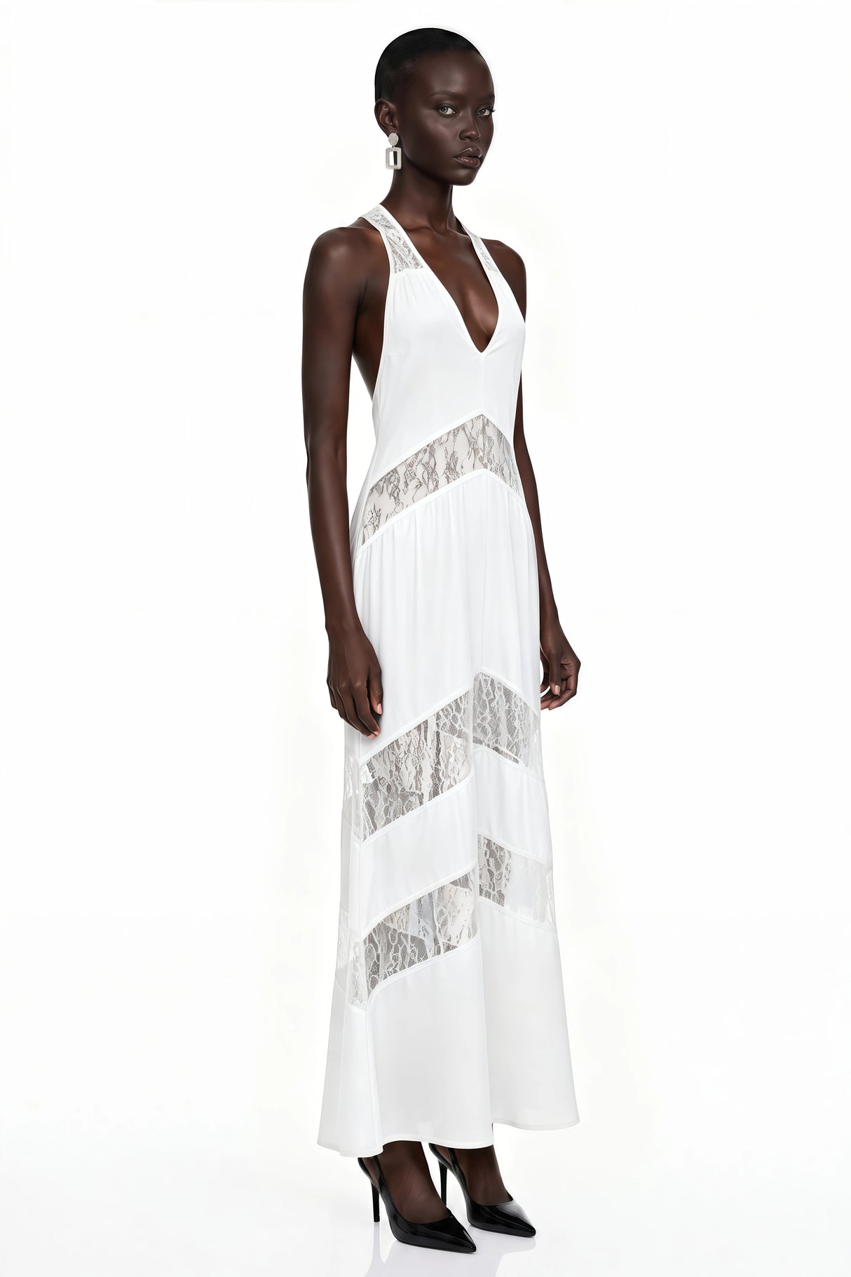 Otago White Halterneck Maxi Dress with Lace Panels