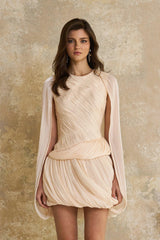 Othilie Neutral Cape Design Creased Mini Dress