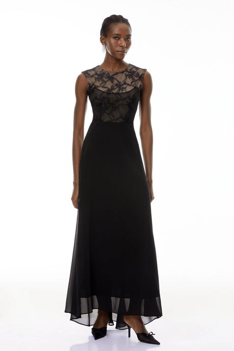 Yasmin Maxi Dress Black Lace Panel Asymmetrical