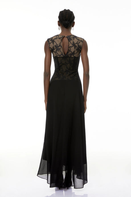 Yasmin Maxi Dress Black Lace Panel Asymmetrical