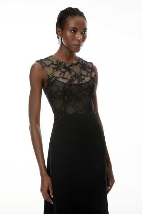 Yasmin Maxi Dress Black Lace Panel Asymmetrical