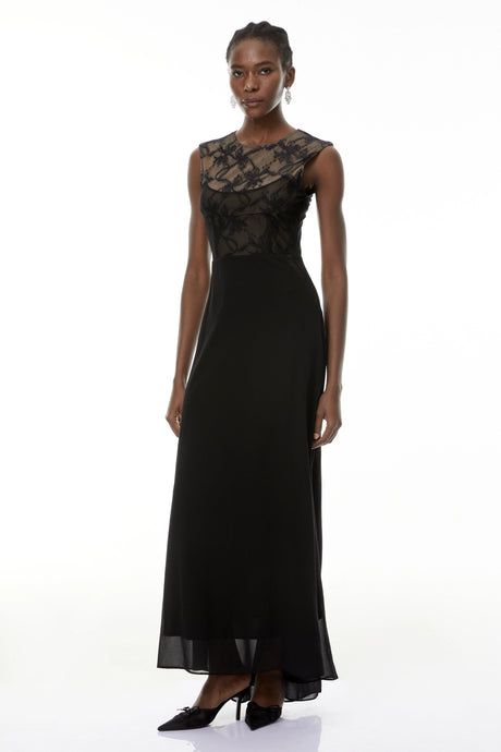Yasmin Maxi Dress Black Lace Panel Asymmetrical