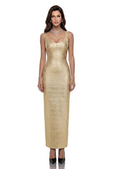 Ottilie Gold Metallic Foil Effect Maxi Dress