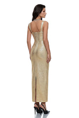 Ottilie Gold Metallic Foil Effect Maxi Dress
