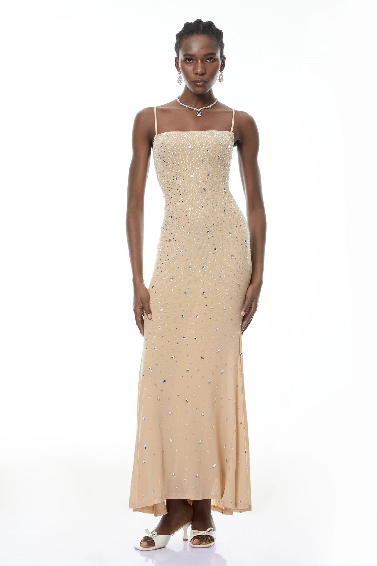 Ottilie Neutral Open Back Embellished Maxi Dress