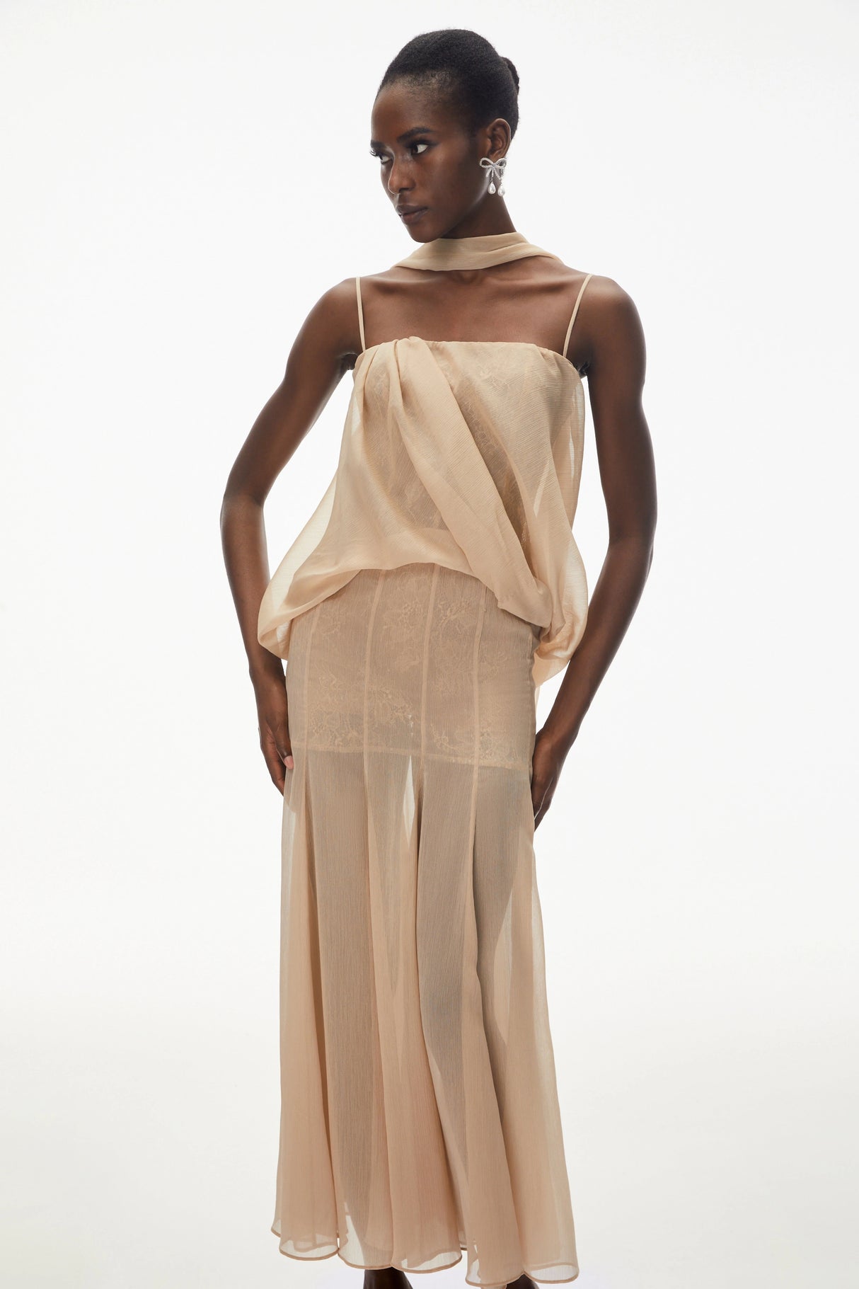 Ottoline Champagne Mesh Draped Maxi Dress