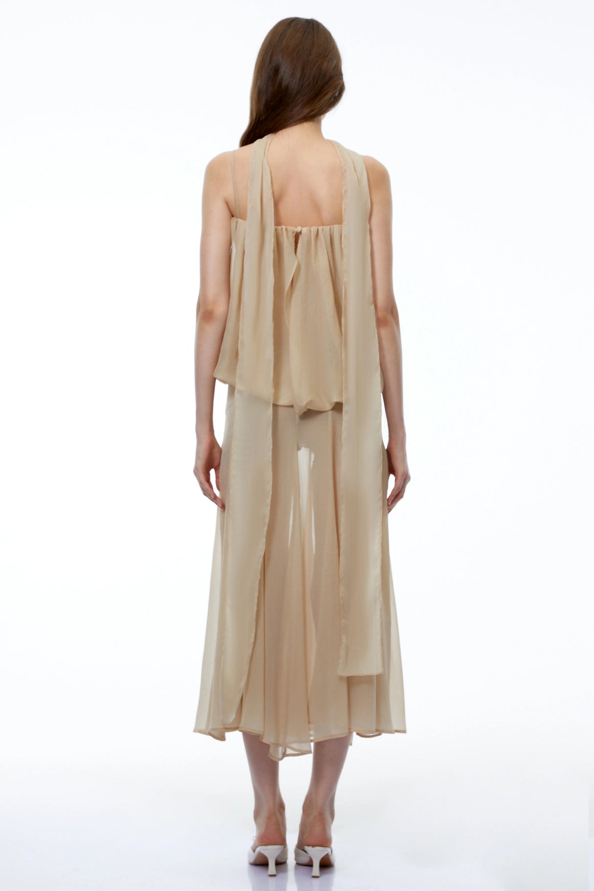 Ottoline Champagne Mesh Draped Maxi Dress
