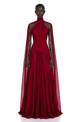 Paea Burgundy Turtleneck Pleated Maxi Dress with Cape