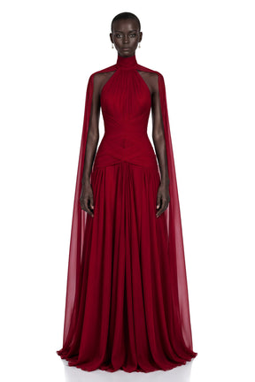 Paea Burgundy Turtleneck Pleated Maxi Dress with Cape