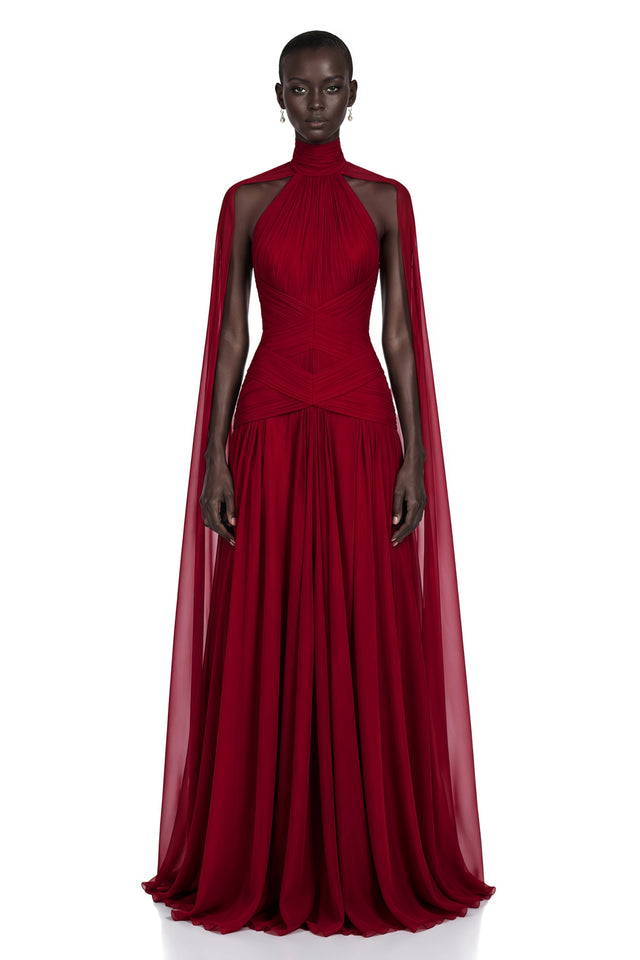 Paea Burgundy Turtleneck Pleated Maxi Dress with Cape