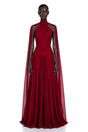 Paea Burgundy Turtleneck Pleated Maxi Dress with Cape
