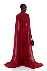 Paea Burgundy Turtleneck Pleated Maxi Dress with Cape