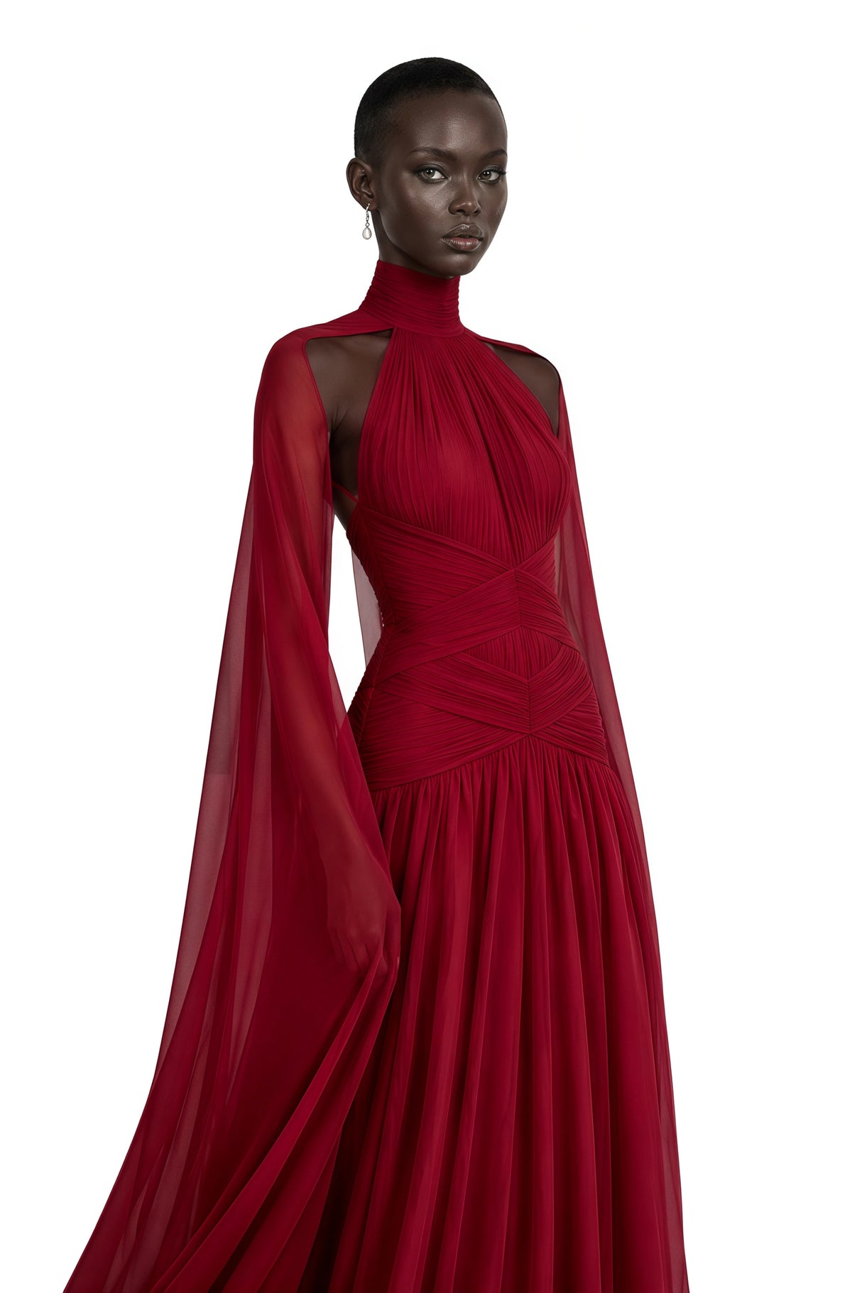 Paea Burgundy Turtleneck Pleated Maxi Dress with Cape