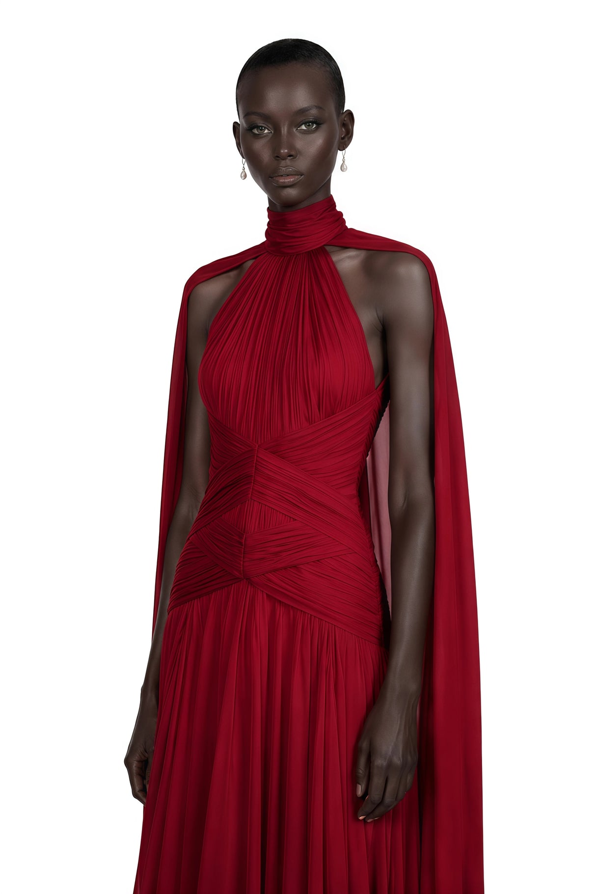 Paea Burgundy Turtleneck Pleated Maxi Dress with Cape