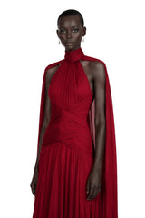 Paea Burgundy Turtleneck Pleated Maxi Dress with Cape