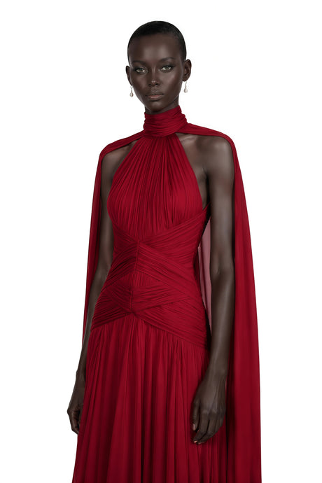 Teresa Maxi Dress Burgundy Turtleneck Pleated with Cape