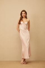 Paige Pink Lace Trim Satin Maxi Dress