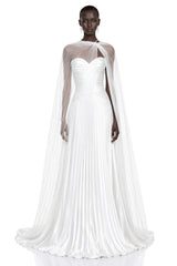 Palesa White Pleated Glossy Maxi Dress  Cape Set